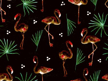 Büyük flamingo hippi kızıl Hawaii 'nin kusursuz deseni. İlkbahar suluboya tişört baskısı. Yaban kuşlarıyla minimalist geometrik mayo arka planı. Suluboya yatay fayans.