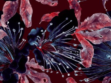 Cesur Çiçek Tasarımı. Kızıl Arkaplanda Büyük Hawaii Kusursuz Parmak izi. Büyük Tropik Yaz Maracuja Sonsuz Arkaplanı. Sanatsal Kalın Çiçek Tasarımı.