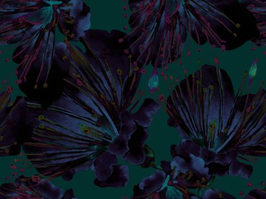 Cesur soyut çiçek deseni. Mor Arkaplanda Büyük Hawaii Kusursuz Parmak izi. Büyük Egzotik Bahar Kova 'sı Granadilla Sonsuz Arkaplanı. Modern Kalın Soyut Çiçek Deseni.