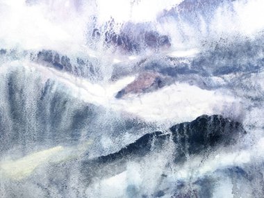 Dağ Çizimi. Eğlenceli Himalayalar. Suluboya Kore baskısı. Asya Yürüyüşü Rocky arka planı. Şekillendirilmiş Japon Suluboya Dağları. Çağdaş Geometrik Çizim. Monokrom ve Gri Pul