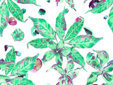 Yaz Vintage Arkaplanı. Canlı Sakura ve Jasmine Print. Yeşil ve Kırmızı Suluboya Turuncu Çiçek ve Yapraklar. Biyo Jasmin Kusursuz Şablon. Çiçek Ayurveda Deseni.