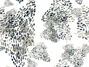 Siyah ve Beyaz Hayvani Kusursuz Şablon. Suluboya el izi. Afrika egzotik kamuflajı. Geometrik suluboya arka plan. Vahşi hayvan kürkü dokusu. Suluboya El Boyalı Cilt Deseni.