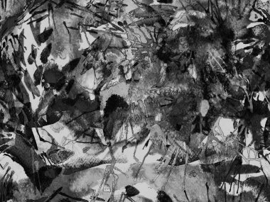 Sıvı, pürüzsüz desen. Siyah beyaz suluboya fırça darbesi grunge tasarımı. Suluboya boya boya tasarımı. Kademeli mürekkep lekeleri. Toprak sıçrama deseni. Sıvı damlayan fırça sonsuz iz.