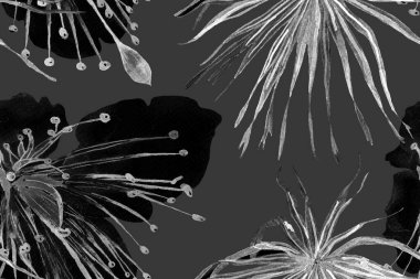 Tropikal Kusursuz Desen. Palmiye yapraklarının eğlenceli dokusu. Etnik Aloha İlişkisi. Egzotik Bikini Özgeçmişi. Siyah ve Beyaz Suluboya Yatay Tropik Tasarım. Palm Geometric Mayo Kalıbı.