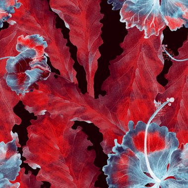 Pembe kırmızı egzotik desen. Suluboya tropik yapraklar. Palm ve Hibiscus ormanları pürüzsüz. Bahar Hawaii suluboya geçmişi. Avuç içleri, canavarlar, mayo izleri..