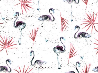 Büyük flamingo hippi kızıl Hawaii 'nin kusursuz deseni. İlkbahar suluboya tişört baskısı. Yaban kuşlarıyla minimalist geometrik mayo arka planı. Flamingolu yatay fayans.