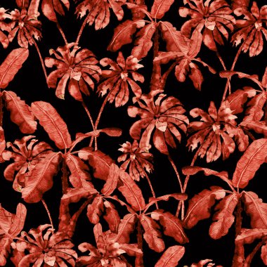 Suluboya palmiye ağacı deseni. Cennet yaprakları ile egzotik, pürüzsüz desen. Aloha mayo izi. Bahar arka planı. Akışkan, soyut, dikişsiz desen. Suluboya doğal Hawaii çiçek arkaplanı.