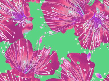 Kalın Çiçekler. Yeşil ve Kızıl Arkaplanda Büyük Hawaii Kusursuz Parmak izi. Büyük Hawaii Yaz Maracuya Sonsuz Arkaplanı. Soyut Kalın Çiçek Yazdırma. 