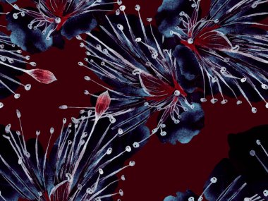 Bold Floral Print. Kızıl Arkaplanda Büyük Egzotik Kusursuz Parmak izi. Büyük Egzotik Yaz Suluboya Lilikoi Sonsuz Geçmişi. Moda Kalın Çiçek Yazdırma.