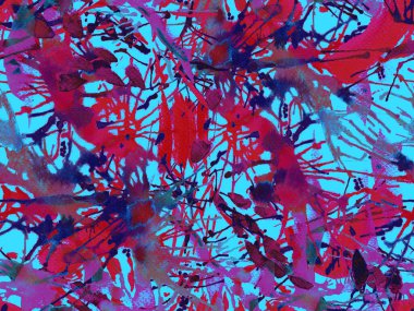 Sıvı, pürüzsüz desen. Mavi suluboya fırça darbesi grunge fayans. Suluboya soyut sıçrama boyası tasarımı. Elle çizilmiş mürekkep lekeleri. Toprak sıçrama deseni. Sıvı damlayan fırça sonsuz iz. 