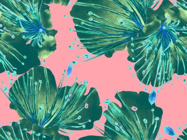 Cesur soyut çiçek deseni. Yeşil ve Kırmızı Arkaplanda Büyük Ormansız Parmak izi. Büyük Tropikal Yaz Maracuya Sonsuz Arkaplanı. Modern Kalın Soyut Çiçek Deseni.