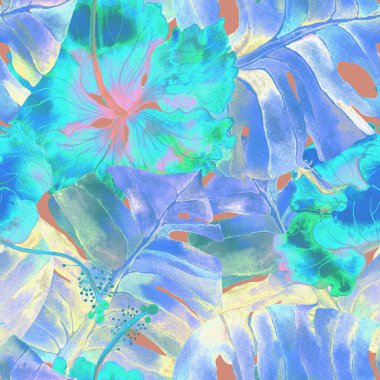 Yaz döngüsü. Suluboya tropik çiçekler ve canavar yaprakları. Palm ve Hibiscus bitkileri kusursuz desende. Yaz Hawaii suluboya geçmişi. Tropik palmiyeler, canavarlar, çiçek desenleri..