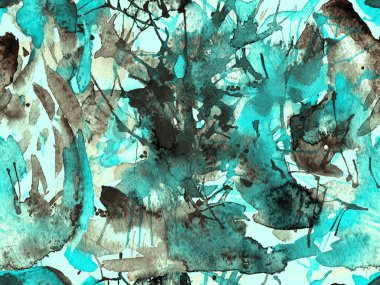 Tehlike izi yok. Mavi suluboya fırça darbesi grunge tasarımı. Suluboya kaotik sıçrama boya tasarımı. Kademeli mürekkep lekeleri. Toprak sıçrama deseni. Sıvı damlayan fırça sonsuz iz.