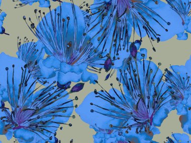 Bold Floral Print. Büyük Hawaii İşaretsiz Mavi Parmak izi, Indigo Arkaplan. Büyük Hawaii Yaz Aquarelle Granadilla Sonsuz Arkaplan. Moda Kalın Çiçek Yazdırma.