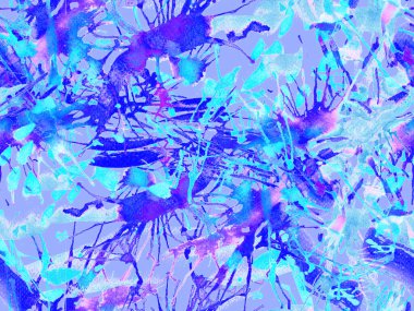 Sıvı, pürüzsüz desen. Mavi suluboya fırça darbesi grunge tasarımı. Suluboya kaotik sıçrama boya tasarımı. Kademeli mürekkep lekeleri. Çamur tabakası. Sıvı damlayan fırça sonsuz iz. 