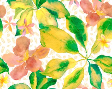 Schefflera Arboricola Kusursuz Düzen. Green ve Teal Schefflera Aktinophylla Hayata, Egzotik Çiçeklerle Tekrarlanan Evergreen Variegated Walisongo Bitkisi. Botanik Suluboya Yazdırma.