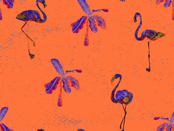 Grote Flamingo Hipster Oranje Hawaiian Naadloos Patroon Voorjaar Verzadigde Aquarel — Stockfoto