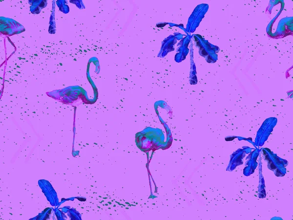 Grote Flamingo Hipster Paars Hawaïaans Naadloos Patroon Voorjaar Verzadigde Aquarel — Stockfoto