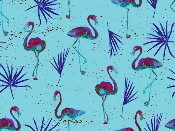 Large hipster flamingo blue hawaiian seamless pattern. Spring saturated watercolor t-shirt print. Saturated hipster swimwear tile with wild feathered fowls. Horizontal tile with flamingos.