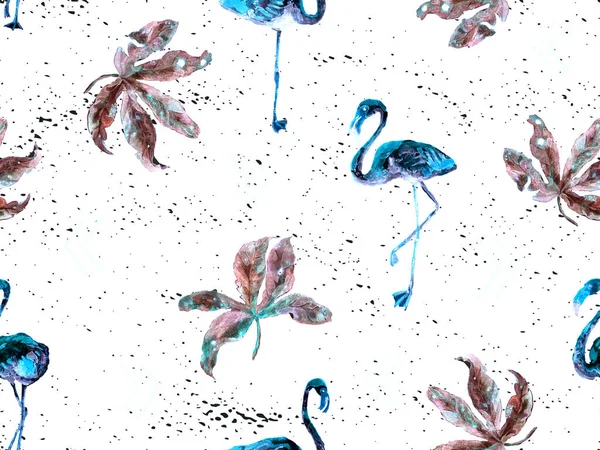 Large hipster flamingo blue hawaiian seamless pattern. Spring saturated watercolor t-shirt print. Minimalistic geometric swimwear background with wild fowls. Watercolour horizontal tile.