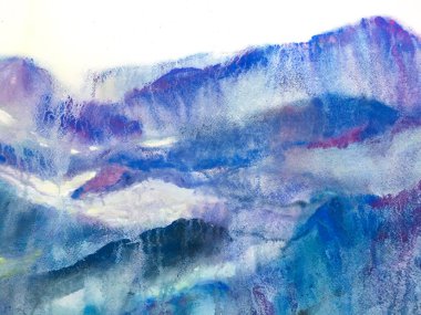 Asya Yürüyüşü Rocky arka planı. Dağ Çizimi. Mavi ve Indigo Fun Himalayalar. Suluboya Kore baskısı. Çağdaş Geometrik Çizim. Biçimli Japon Suluboya Dağları.