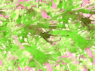 Püskürme izi yok. Yeşil suluboya fırça darbesi grunge tasarımı. Suluboya soyut sıçrama boyası tasarımı. Kademeli mürekkep lekeleri. Çamur tabakası. Sıvı damlayan fırça sonsuz iz.