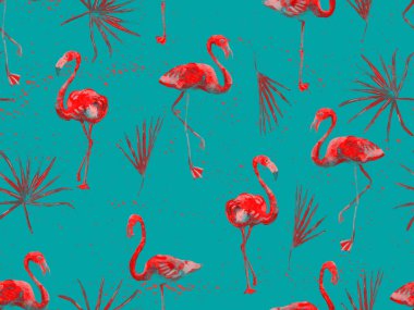 Büyük flamingo hippi kızıl Hawaii 'nin kusursuz deseni. Yaz tropikal kuşları sonsuz baskıyı suluboya. Doymuş hippi mayo, tüylü kuşları olan fayanslar. Suluboya yatay fayans.