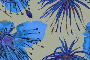 Tropikal Kusursuz Desen. Suluboya Yatay Tropik Tasarım. Palm Geometric Mayo desenli. İndigo Mavi Palmiye Yaprakları Eğlenceli Doku. Etnik Aloha İlişkisi. Egzotik Yaprak Bikini Arkaplanı. 