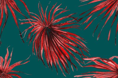 Tropikal Kusursuz Desen. Palmiye yapraklarının eğlenceli dokusu. Etnik Aloha İlişkisi. Egzotik Bikini Özgeçmişi. Yeşil ve Kırmızı Suluboya Yatay Tropik Tasarım. Palm Geometric Mayo Kalıbı.