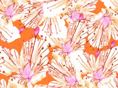 Cesur soyut çiçek deseni. Pembe ve Sarı Arkaplanda Büyük Hawaii Kusursuz Parmak izi. Büyük Tropik Yaz Aquarelle Granadilla Sonsuz Arkaplan. Modern Kalın Soyut Çiçek Deseni.