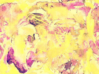 Püskürme izi yok. Sarı suluboya fırça darbesi grunge tasarımı. Suluboya boya boya tasarımı. Kademeli mürekkep lekeleri. Çamur tabakası. Sıvı damlayan fırça sonsuz iz.