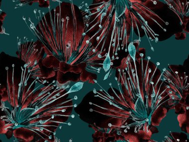 Cesur soyut çiçek deseni. Yeşil ve Kırmızı Arkaplanda Büyük Egzotik Kusursuz Parmak izi. Büyük Egzotik Yaz Maracuja Sonsuz Geçmişi. Modern Kalın Soyut Çiçek Deseni.