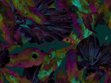 Bold Floral Print. Mor Arkaplanda Büyük Egzotik Kusursuz Parmak izi. Büyük Hawaii Yaz Sulu Tutku Meyvesi Sonsuz Arkaplan. Moda Kalın Çiçek Yazdırma.