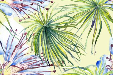 Suluboya Yatay Tropik Tasarım. Palm Geometric Mayo desenli. Palmiye yapraklarının eğlenceli dokusu. Turkuaz Yeşil Tropikal desensiz. Etnik Aloha İlişkisi. Egzotik Yaprak Bikini Arkaplanı. 