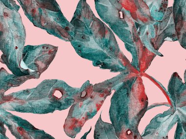 Kalın Çiçek deseni. Yeşil ve Kızıl Arkaplanda Büyük Egzotik Kusursuz Parmak izi. Büyük Hawaii Bahar Aquarelle Lilikoi Sonsuz Geçmişi. Kalın Çiçek Tasarımı.