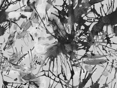 Püskürme izi yok. Siyah ve beyaz suluboya fırça darbesi grunge fayans. Suluboya soyut sıçrama boyası tasarımı. Kademeli mürekkep lekeleri. Toprak sıçrama deseni. Sıvı damlayan fırça sonsuz iz. 