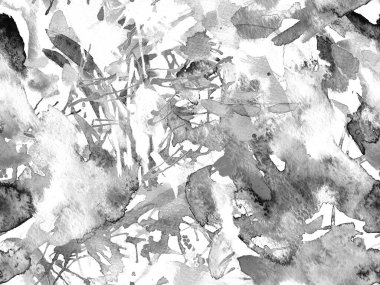 Püskürme izi yok. Siyah ve beyaz suluboya fırça darbesi grunge fayans. Suluboya boya boya tasarımı. Elle çizilmiş mürekkep lekeleri. Toprak sıçrama deseni. Sıvı damlayan fırça sonsuz iz. 