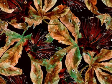 Bold Floral Print. Kahverengi Arkaplanda Büyük Tropikal Kusursuz Parmak izi. Büyük Egzotik Yaz Suluboya Lilikoi Sonsuz Geçmişi. Moda Kalın Çiçek Yazdırma.