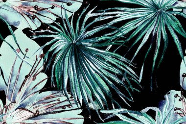 Etnik Aloha İlişkisi. Egzotik Bikini Özgeçmişi. Turkuaz Mavi Palmiye Yaprakları Eğlenceli Doku. Tropikal Kusursuz Desen. Suluboya Yatay Tropik Tasarım. Palm Geometric Mayo Kalıbı.