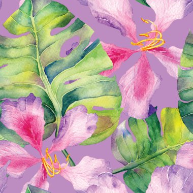 Pembe kırmızı egzotik desen. Suluboya tropik yapraklar. Palm ve Hibiscus bitkileri kusursuz desende. Yaz Hawaii suluboya geçmişi. Tropik palmiyeler, canavarlar, çiçek desenleri..