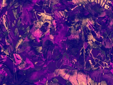 Sıvı, pürüzsüz desen. Mor suluboya fırça darbesi grunge tasarımı. Suluboya boya boya tasarımı. Kademeli mürekkep lekeleri. Toprak sıçrama deseni. Sıvı damlayan fırça sonsuz iz.