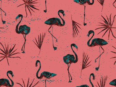 Büyük flamingo hippi kızıl Hawaii 'nin kusursuz deseni. Yaz tropikal kuşları sonsuz baskıyı suluboya. Doymuş hippi mayo, tüylü kuşları olan fayanslar. Flamingolu yatay fayans.