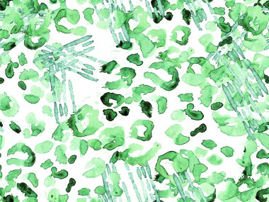 Yeşil Leopar Kusursuz Desen. Suluboya El Çita Yazısı. Vahşi Cilt Egzotik Doku. Geometrik Kürk arka planı. Leopar ve Jaguar Deri. Suluboya El Boyalı Cilt Deseni.