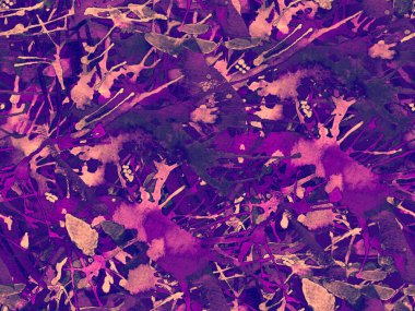 Püskürme izi yok. Mor suluboya fırça darbesi grunge tasarımı. Suluboya kaotik sıçrama boya tasarımı. Kademeli mürekkep lekeleri. Toprak sıçrama deseni. Sıvı damlayan fırça sonsuz iz.