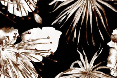 Etnik Aloha İlişkisi. Egzotik Bikini Özgeçmişi. Kahverengi ve bej tropikal desenli. Palmiye yapraklarının eğlenceli dokusu. Suluboya Yatay Tropik Tasarım. Palm Geometric Mayo Kalıbı.