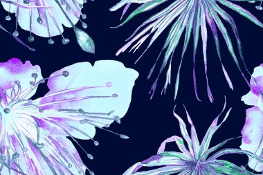 Tropikal Kusursuz Desen. Indigo Mavi Suluboya Yatay Tropik Tasarım. Palm Geometric Mayo desenli. Palmiye yapraklarının eğlenceli dokusu. Etnik Aloha İlişkisi. Egzotik Yaprak Bikini Arkaplanı. 