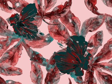 Kalın Çiçek deseni. Kızıl Arkaplanda Büyük Egzotik Kusursuz Parmak izi. Büyük Egzotik Bahar Maracuya Sonsuz Arkaplanı. Modern Kalın Çiçek Deseni.