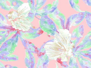 Kalın Çiçek deseni. Yeşil ve Kızıl Arkaplanda Büyük Tropikal Kusursuz Parmak izi. Büyük Orman Yaz Suluboya Tutku Meyvesi Sonsuz Arkaplan. Modern Kalın Çiçek Deseni.