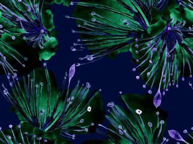 Çiçek desenli moda. Mavi İndigo 'da Geniş Ormansız Parmak İzi. Büyük Egzotik Bahar Kova Granadilla Sonsuz Arkaplan. Rastgele Çiçek Deseni.