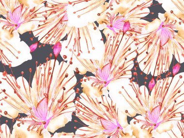 Çiçek desenli moda. Pembe ve Sarı Arkaplanda Büyük Orman Kusursuz Parmak izi. Büyük Tropikal Bahar Kova Tutkusu, Sonsuz Arkaplan Meyvesi. Rastgele Çiçek Deseni.